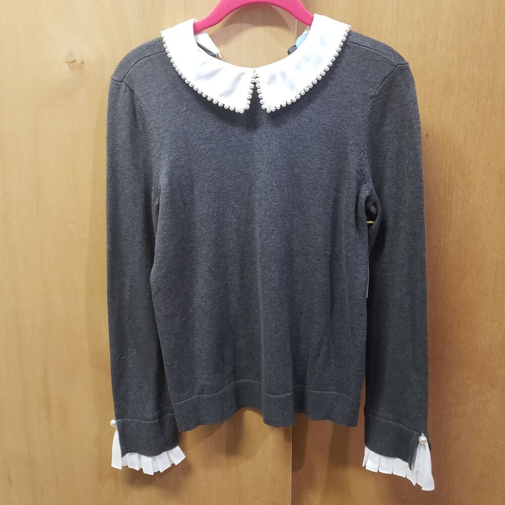 NWT Imitation Pearl Peter Pan Collar Cotton Sweater Size XS Charcoal grey